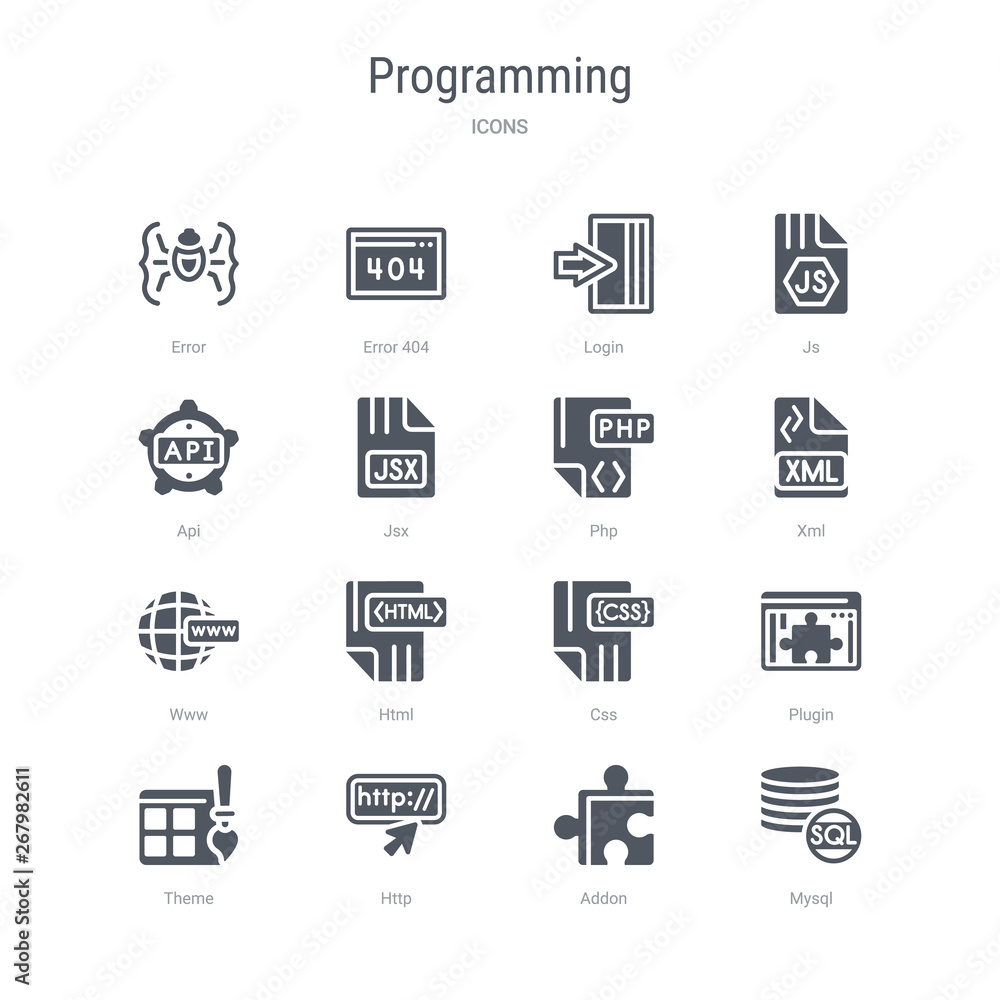 set of 16 vector icons such as mysql, addon, http, theme, plugin, css, html, www from programming concept. can be used for web, logo, ui\u002fux set of 16 vector icons such as mysql, addon, http, theme, plugin, css, html, www from programming concept. can be used for web, logo, ui\u002fux