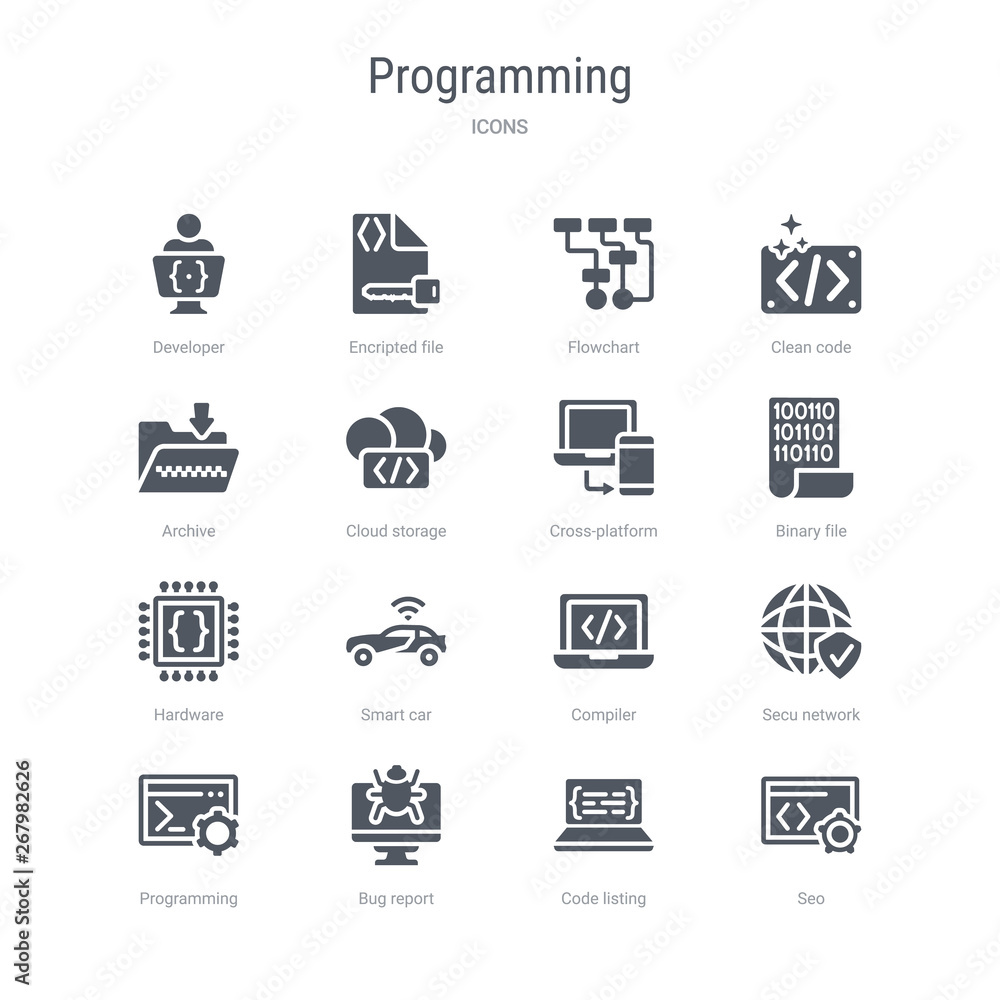 set of 16 vector icons such as seo, code listing, bug report, programming, secu network, compiler, smart car, hardware from programming concept. can be used for web, logo, ui\u002fux set of 16 vector icons such as seo, code listing, bug report, programming, secu network, compiler, smart car, hardware from programming concept. can be used for web, logo, ui\u002fux