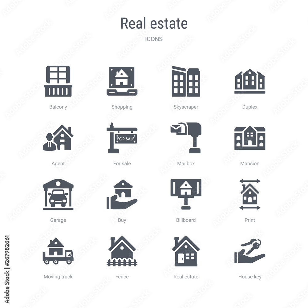 set of 16 vector icons such as house key, real estate, fence, moving truck, print, billboard, buy, garage from real estate concept. can be used for web, logo, ui\u002fux