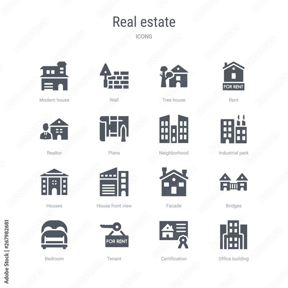 set of 16 vector icons such as office building, certification, tenant, bedroom, bridges, facade, house front view, houses from real estate concept. can be used for web, logo, ui\u002fux set of 16 vector icons such as office building, certification, tenant, bedroom, bridges, facade, house front view, houses from real estate concept. can be used for web, logo, ui\u002fux