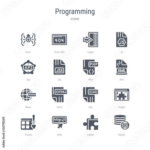 set of 16 vector icons such as mysql, addon, http, theme, plugin, css, html, www from programming concept. can be used for web, logo, ui\u002fux