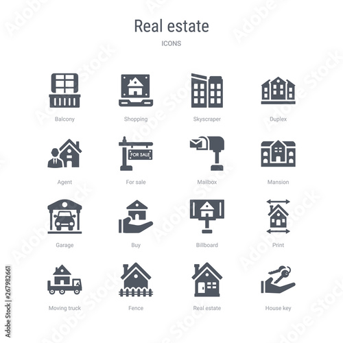 set of 16 vector icons such as house key, real estate, fence, moving truck, print, billboard, buy, garage from real estate concept. can be used for web, logo, ui\u002fux