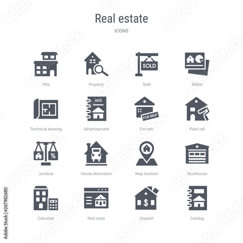 set of 16 vector icons such as catalog, deposit, real state, calculate, storehouse, map location, house decoration, juridical from real estate concept. can be used for web, logo, ui\u002fux