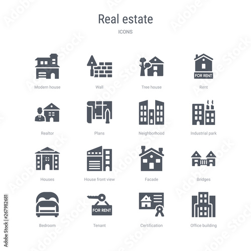 set of 16 vector icons such as office building, certification, tenant, bedroom, bridges, facade, house front view, houses from real estate concept. can be used for web, logo, ui\u002fux