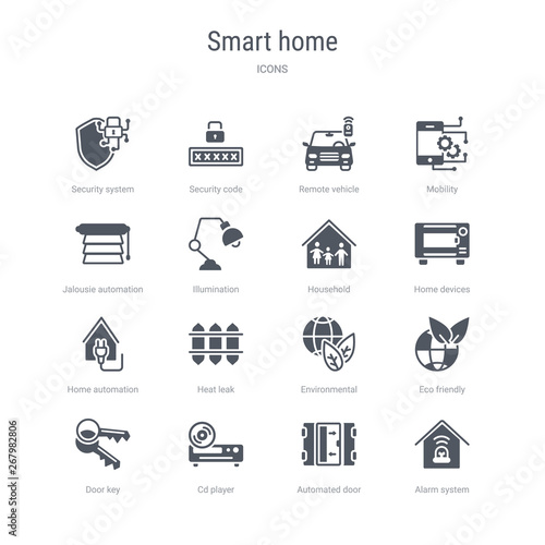 set of 16 vector icons such as alarm system, automated door, cd player, door key, eco friendly, environmental, heat leak, home automation from smart home concept. can be used for web, logo,