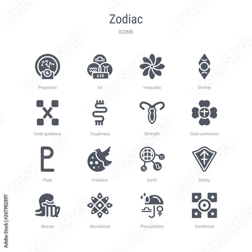 set of 16 vector icons such as excellence, precipitation, abundance, beauty, safety, earth, freedom, pluto from zodiac concept. can be used for web, logo, ui\u002fux