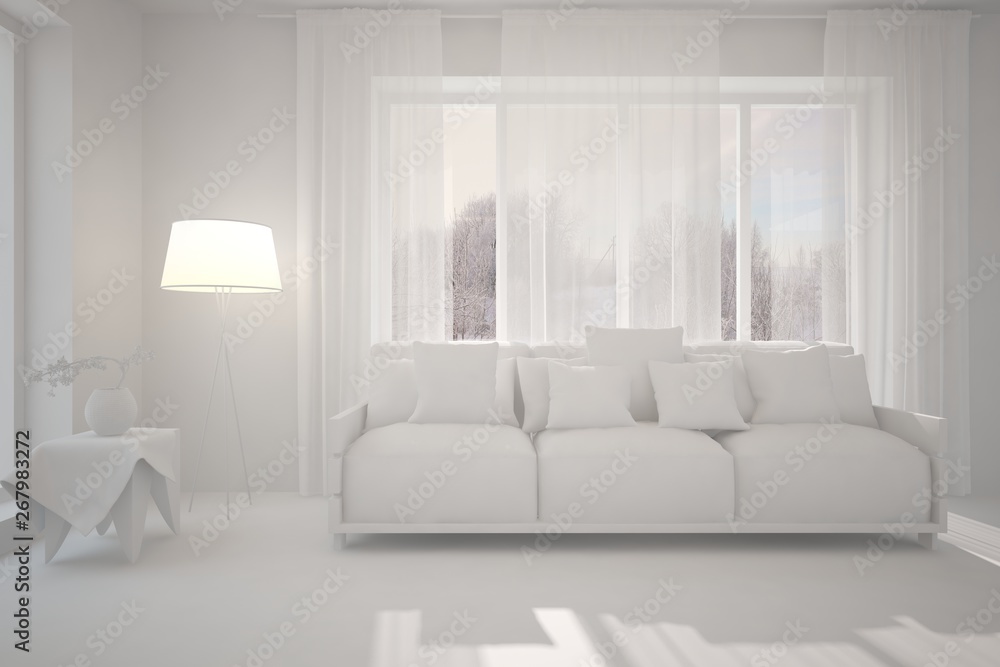 Fototapeta premium Mock up of stylish room in white color with sofa. Scandinavian interior design. 3D illustration