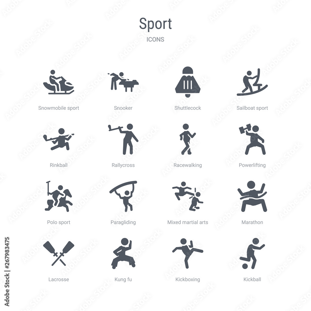 set of 16 vector icons such as kickball, kickboxing, kung fu, lacrosse, marathon, mixed martial arts, paragliding, polo sport from sport concept. can be used for web, logo, ui\u002fux set of 16 vector icons such as kickball, kickboxing, kung fu, lacrosse, marathon, mixed martial arts, paragliding, polo sport from sport concept. can be used for web, logo, ui\u002fux