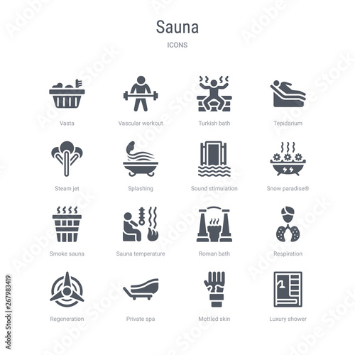 set of 16 vector icons such as luxury shower, mottled skin, private spa, regeneration, respiration, roman bath, sauna temperature, smoke sauna from sauna concept. can be used for web, logo,