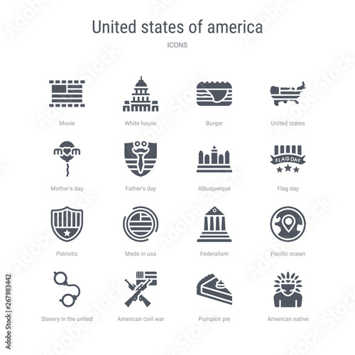 set of 16 vector icons such as american native, pumpkin pie, american civil war, slavery in the united states, pacific ocean, federalism, made in usa, patriotic from united states of america