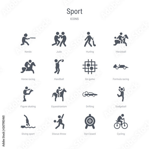 set of 16 vector icons such as cycling, dart board, discus throw, diving sport, dodgeball, drifting, equestrianism, figure skating from sport concept. can be used for web, logo, ui\u002fux