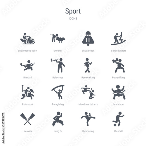 set of 16 vector icons such as kickball, kickboxing, kung fu, lacrosse, marathon, mixed martial arts, paragliding, polo sport from sport concept. can be used for web, logo, ui\u002fux