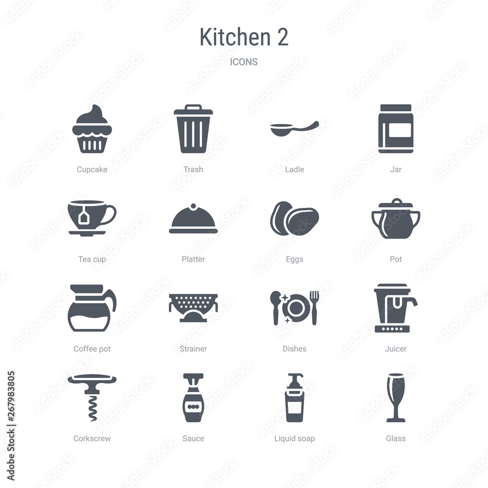 set of 16 vector icons such as glass, liquid soap, sauce, corkscrew, juicer, dishes, strainer, coffee pot from kitchen 2 concept. can be used for web, logo, ui\u002fux set of 16 vector icons such as glass, liquid soap, sauce, corkscrew, juicer, dishes, strainer, coffee pot from kitchen 2 concept. can be used for web, logo, ui\u002fux