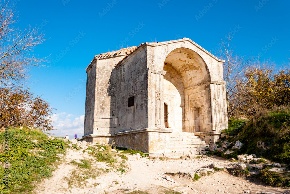 Old stone mountain Karaite kenasy Medieval cave city-fortress Chufut-Kale, Bakhchisaray, Crimea