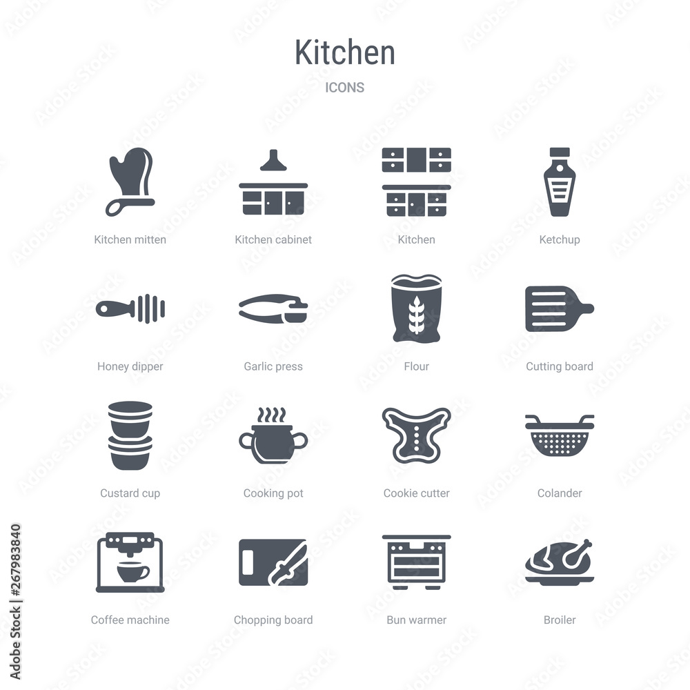 set of 16 vector icons such as broiler, bun warmer, chopping board, coffee machine, colander, cookie cutter, cooking pot, custard cup from kitchen concept. can be used for web, logo, ui\u002fux