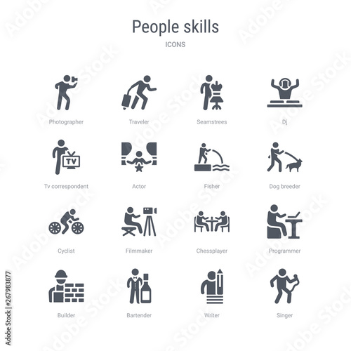 set of 16 vector icons such as singer, writer, bartender, builder, programmer, chessplayer, filmmaker, cyclist from people skills concept. can be used for web, logo, ui\u002fux