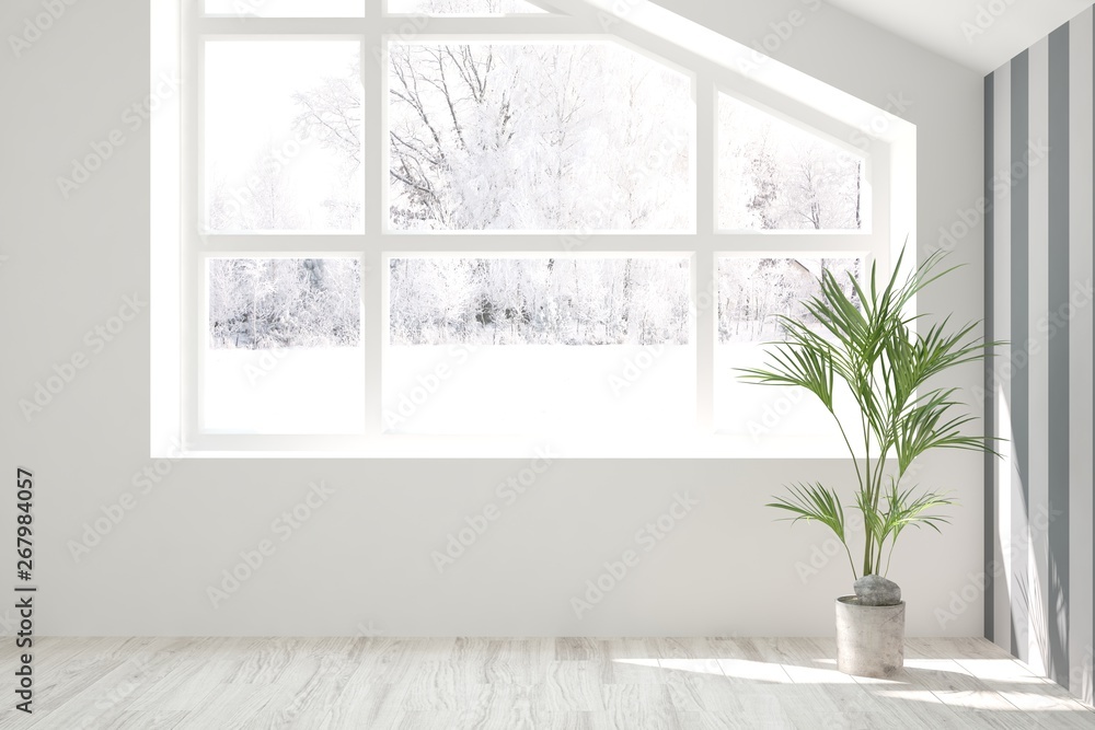 Fototapeta premium Mock up of empty room in white color with winter landscape in window. Scandinavian interior design. 3D illustration