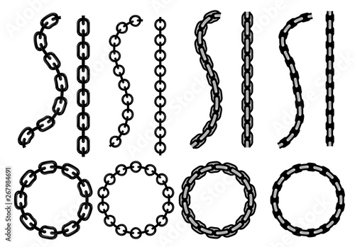 Cartoon metal different chain borders and frames. Isolated on white background. Vector icon set.