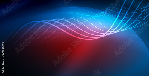 Glowing abstract wave on dark, shiny motion, magic space light. Vector techno abstract background