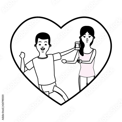 Millennial couple in heart frame cartoon in black and white