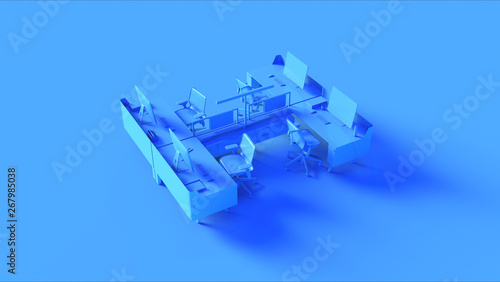 Blue Traditional 4 Desk Office Setup 3d illustration 3d rendering