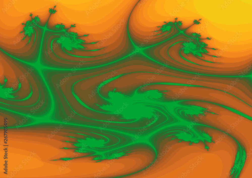 Grünes abstraktes Muster auf herzförmigen orangefarbenen Maserungen im Querformat