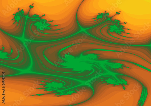 Grünes abstraktes Muster auf herzförmigen orangefarbenen Maserungen im Querformat