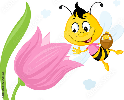 Bee Collects Honey From a Tulip - Ute Vector Illustration