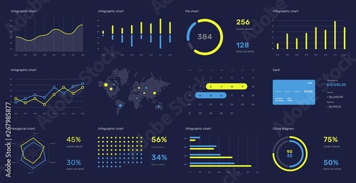 Elements of infographics on a dark background. Use in presentation templates, flyer and leaflet, corporate report. Dashboard template with big data visualization.