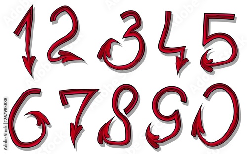 Handrawn design font of red devil numbers. Isolated on white background. Vector icon set.