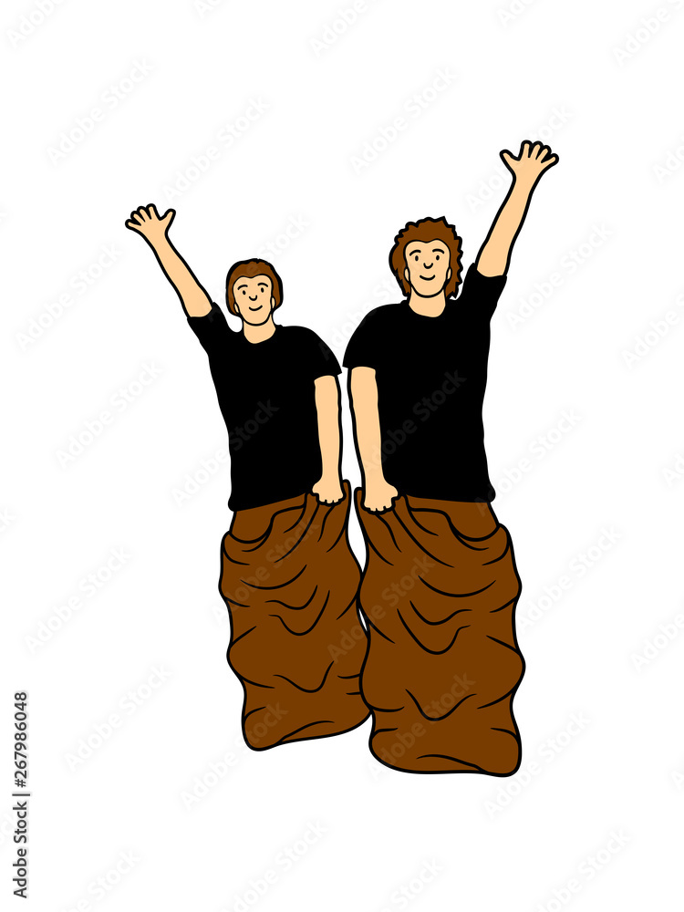 sackhüpfen wettkampf 2 freunde team sack beutel sport kind spaß spiel