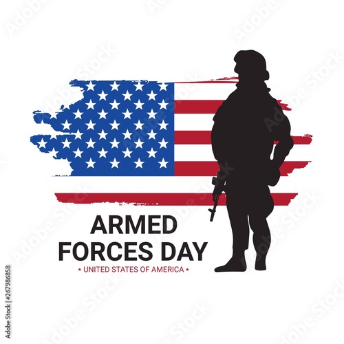 Armed forces day poster design with soldier silhouettes and american flag. USA patriotic illustration