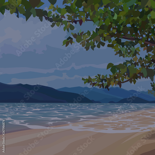 background of evening sandy beach under the canopy of trees