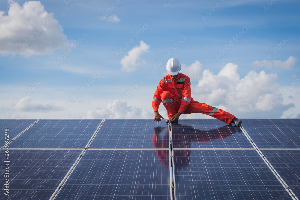 custom made wallpaper toronto digitaloperation and maintenance in solar power plant ; engineering team working on checking and maintenance in solar power plant ,solar power plant to innovation of green energy for life