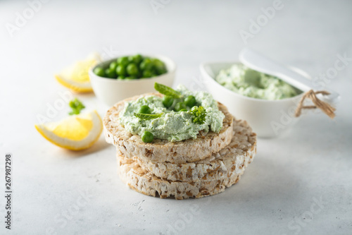 Healthy pea mint dip on rice bread