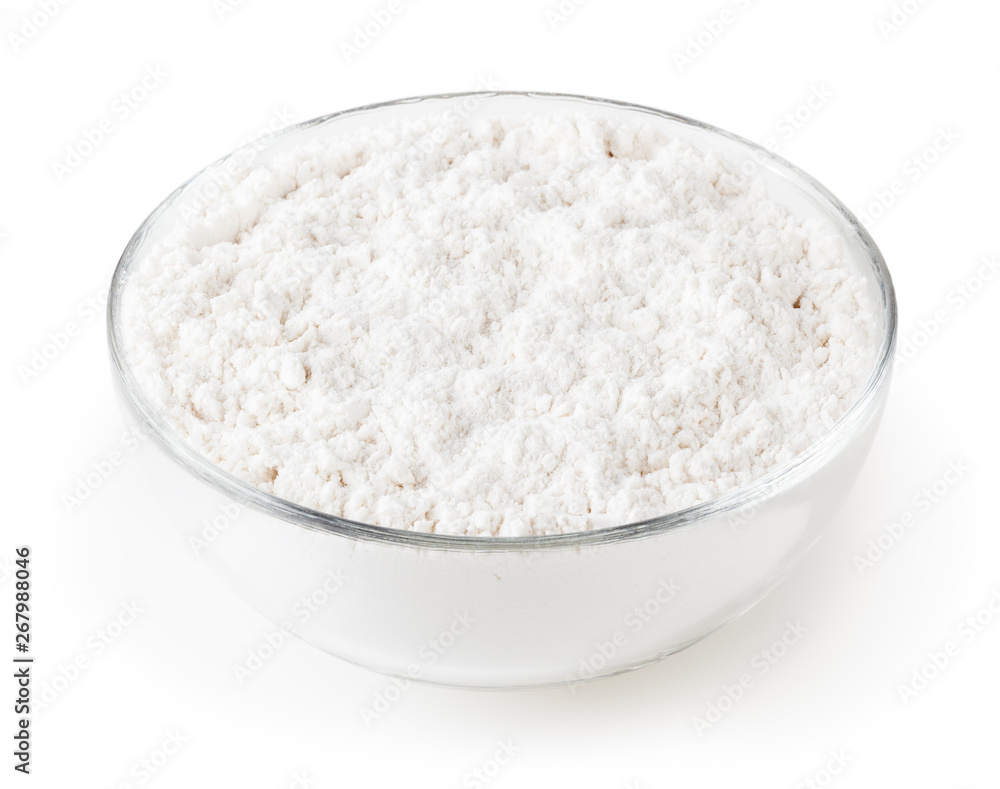 Wheat flour in glass bowl isolated on white background with clipping path Wheat flour in glass bowl isolated on white background with clipping path