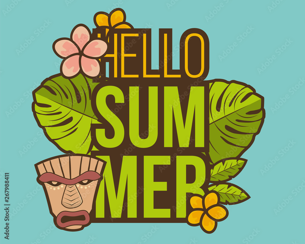 Fototapeta premium Hello Summer banner with tiki mask and tropical plants