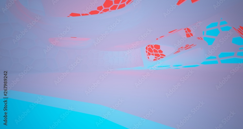 Naklejka premium Abstract white Futuristic Sci-Fi interior With Red And Blue Glowing Neon Tubes . 3D illustration and rendering.