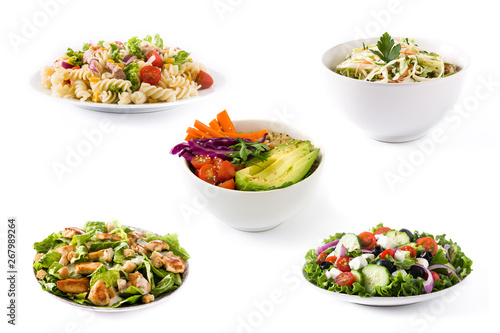 Collage of healthy salad. Greek salad, Pasta salad, Caesar salad and Buddha bowl