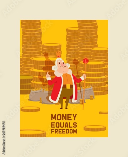 Kings money character vector cartoon royal man with gold coins illustration monetary saving backdrop medieval monarch person in royalty costume fairytale background wallpaper