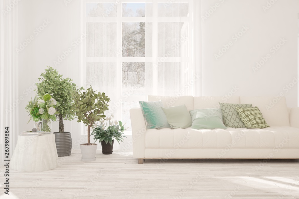 Stylish room in white color with sofa. Scandinavian interior design. 3D illustration