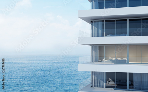 Perspective of high-rise condominium building with sea view background - 3D rendering - Illustration photo