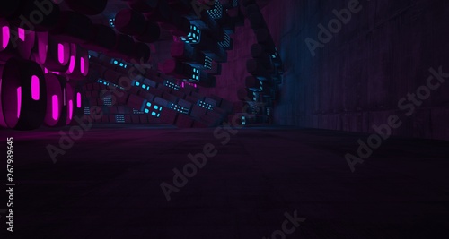 Abstract Concrete Futuristic Sci-Fi interior With Pink And Blue Glowing Neon Tubes . 3D illustration and rendering.