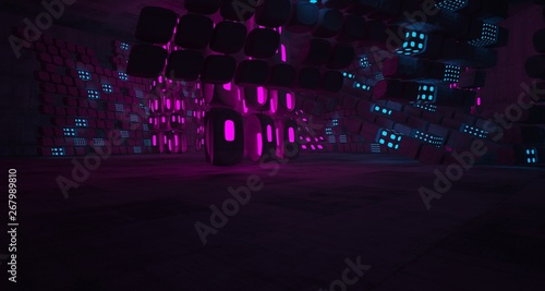 Abstract Concrete Futuristic Sci-Fi interior With Pink And Blue Glowing Neon Tubes . 3D illustration and rendering.