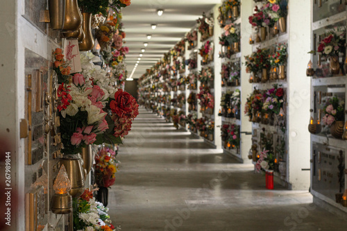 Viale di tombe con fiori per i defunti all'interno di un cimitero photo
