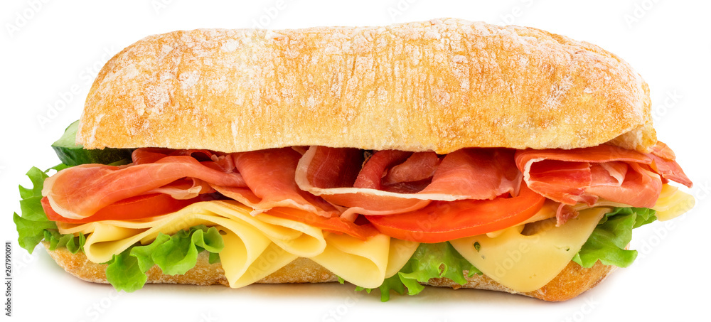Ciabatta sandwich with lettuce, tomatoes prosciutto and cheese isolated on white background
