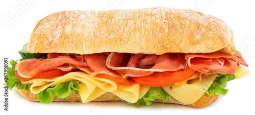 Obraz na płótnie Ciabatta sandwich with lettuce, tomatoes prosciutto and cheese isolated on white background w salonie