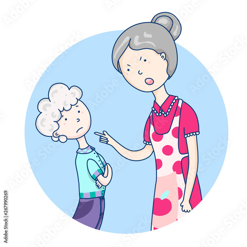 Mom scolds her son, relationships with parents, emotional scene. Vector cartoon illustration