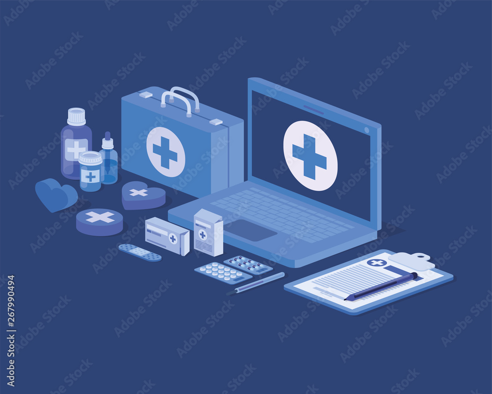 laptop telemedicine service with medical kit and drugs laptop telemedicine service with medical kit and drugs