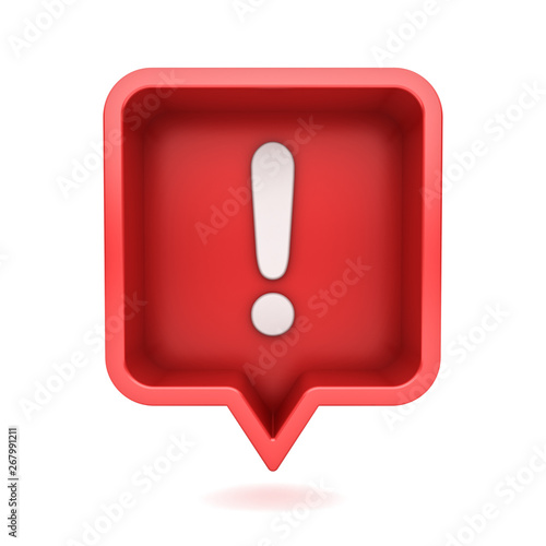 3d social media notification Exclamation mark icon in red rounded square pin isolated on white background with shadow 3D rendering